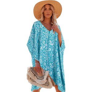 Women's 5 Blue 100% Viscose Kaftan for Bathing Swimsuit Floral Pattern Dress